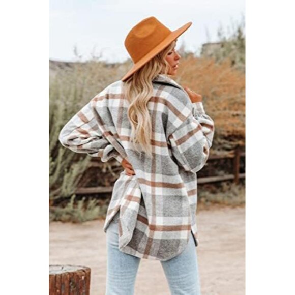 Women's Flannel Shacket Button Down Plaid Long Sleeve Jacket Casual Cozy - Picture 2 of 4